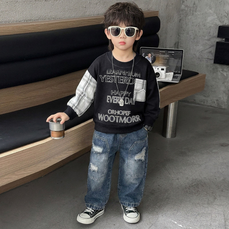 Boys' Spring and Autumn Outfit 2026 New Stylish Infant Children's Clothing Trendy Baby Patchwork Sleeve Round Neck Sweatshirt Two-Piece Set