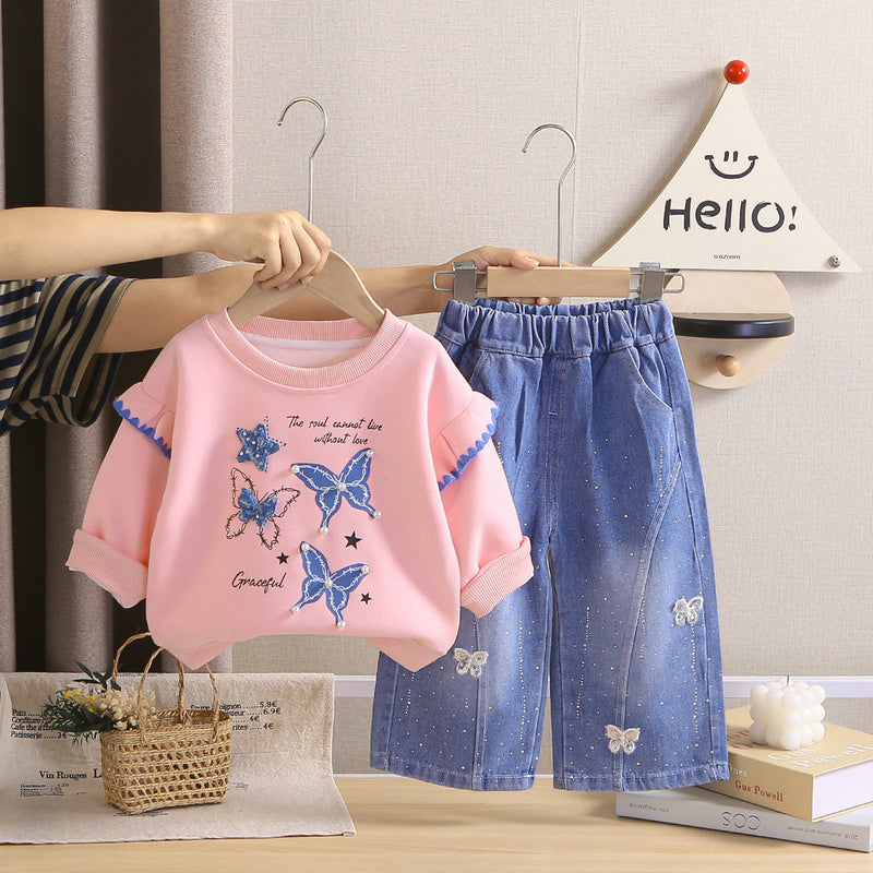 Baby Girl Outfit Set 2026 New Korean Style Children's Clothing with Four Butterflies, Stylish Autumn Sweatshirt for Girls