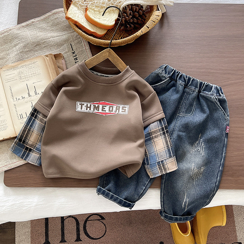 Boys' Outfit Baby 2026 New Fashionable Infant Children's Spring and Autumn Stylish Round Neck Spliced Sleeve Two-Piece Set