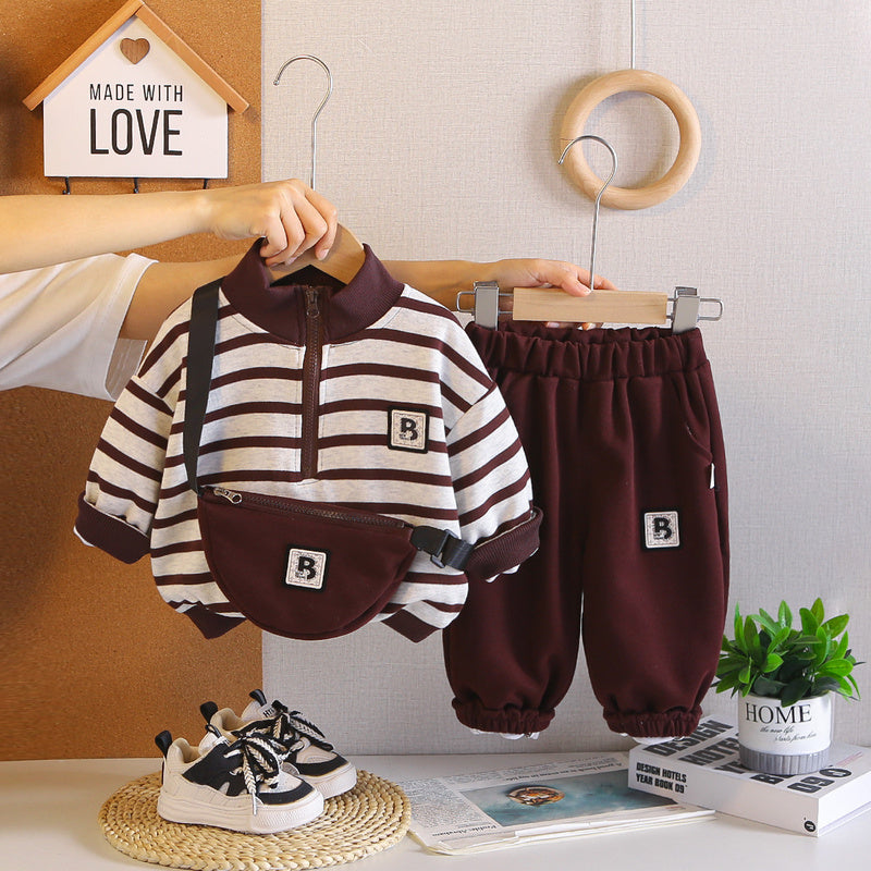 Boys' Outfit 2026 New Fashionable Children's Spring and Autumn Long-Sleeve Striped Two-Piece Set with Sling Bag for Stylish Little Boys