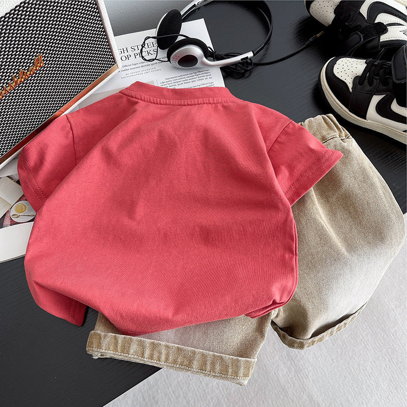 Boys' Outfit New Summer Short Sleeve 2025 Vintage Ripped Round Neck Two-Piece Loose Fit One-Piece Dropshipping