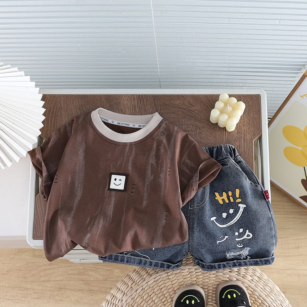 Baby Outfit Set 2026 New Style Boys' Ripped Smiley Face Short Sleeve Shorts Infant Children's Clothing Toddler Summer Fashion