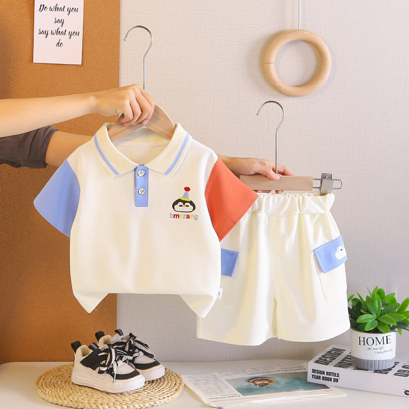 Boys' Outfit 2026 New Summer Short-Sleeve Casual Baby Boy Color-Block Penguin Two-Piece Set Children's Clothing