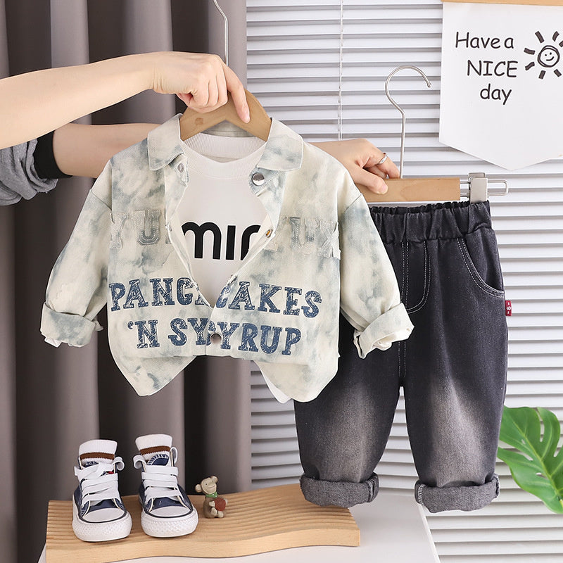 Boys' Spring Outfit 2026 New Style 1-2-3-5 Year Olds, Stylish Tie-Dye Letter Print Three-Piece Set for Kids