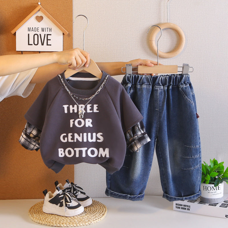 Boys' necklace-studded sweatshirt stylish outfit for toddlers, spring autumn two-piece set, trendy baby and toddler clothing