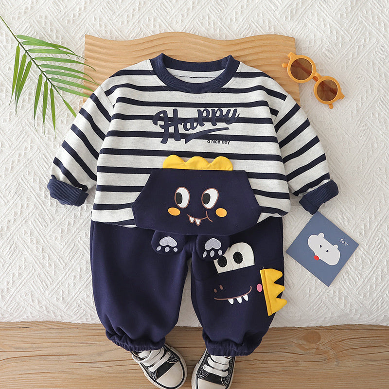 Boys' and Autumn Outfit 2026 New Style Baby Boy Spring Fashion Striped Dinosaur Two-Piece Set Infant Toddler Clothing