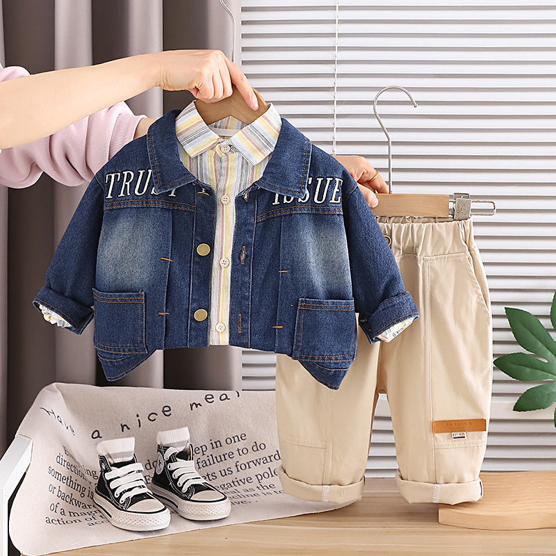 Boys' 2026 Spring and New Fashionable Children's Autumn Outfit Stylish Denim Jacket Three-Piece Set Baby Casual Wear