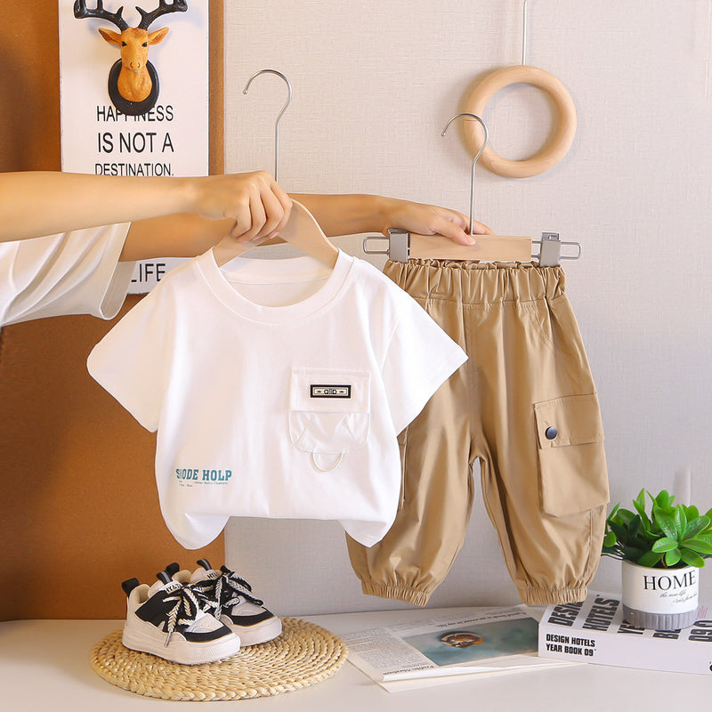 Children's clothing for boys, summer 2026 new style, baby and child pocket logo short-sleeve two-piece set, stylish