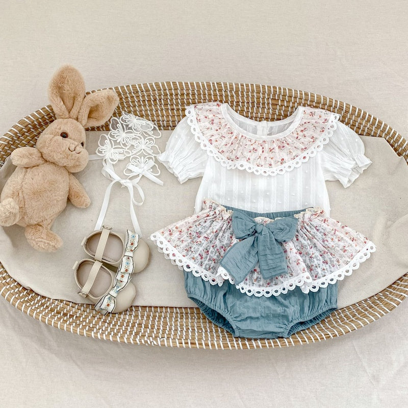 Baby Clothes 2025 Summer New Cute Printed Collar Short Sleeve Top Romper Skirt Pants Two-Piece Set for Girls