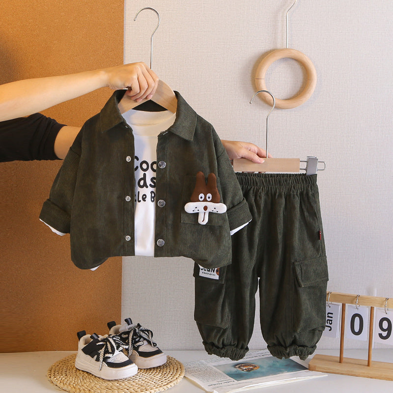 Boys' Autumn Outfit New Fashionable Infant and Children's Clothing Stylish Baby Outerwear Spring Corduroy Shirt Three-Piece Set