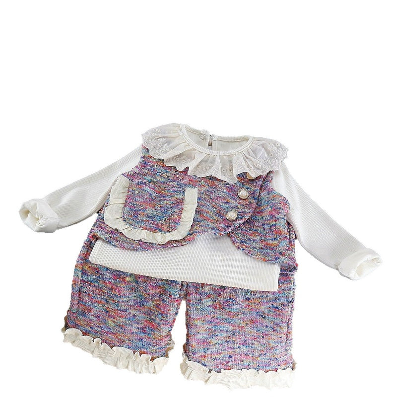 Girls' 2026 New Fashionable Children's Vest Autumn Outfit for Baby Girls with Colorful Dots, Lace, and Pockets Three-Piece Set