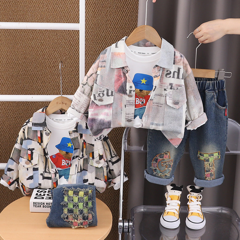 Boys' Outfit Children's Graffiti Workwear Stylish 1-2-3-4 Years Old Baby Spring Autumn Three-Piece Set One Piece Dropshipping