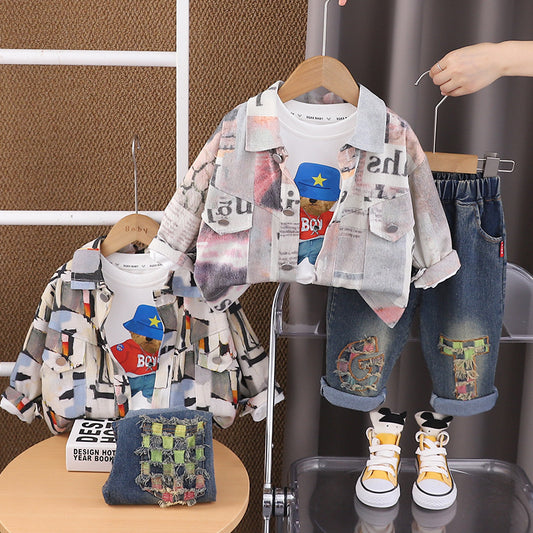 Boys' Outfit Children's Graffiti Workwear Stylish 1-2-3-4 Years Old Baby Spring Autumn Three-Piece Set One Piece Dropshipping