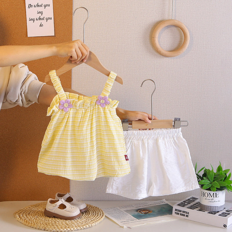 Girls' Outfit 2026 New Fashionable Floral Plaid Strap Dress Set Baby Summer Clothes Infant Korean Style