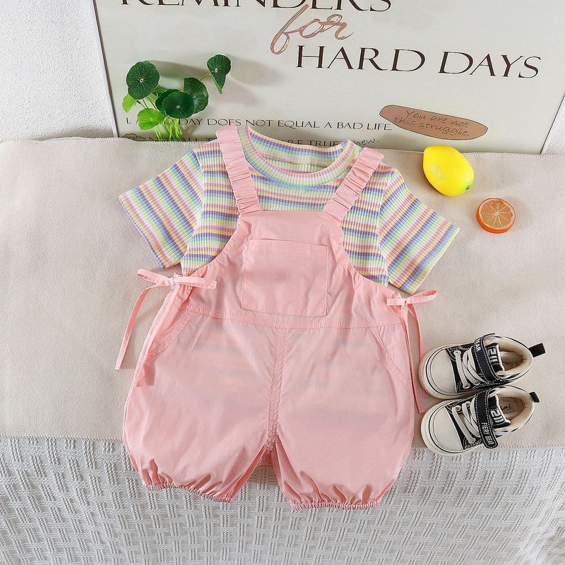 Girls' Outfit 2026 New Children's Short-Sleeve Rainbow Striped Pom-Pom Overalls Two-Piece Set for Baby Summer