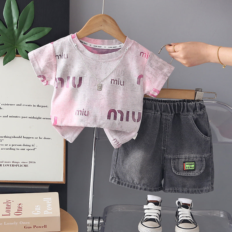 Boys' clothing for ages 1-4, 2-year-old infants' clothing, 3-year-old boy's necklace short-sleeve set, 5-year-old summer two-piece outfit