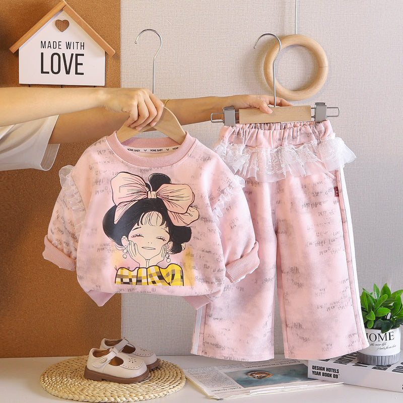 Girls' Autumn Outfit 2026 New Fashionable Bowknot Little Girl Sweatshirt Two-Piece Set Baby Children's Trendy Clothing