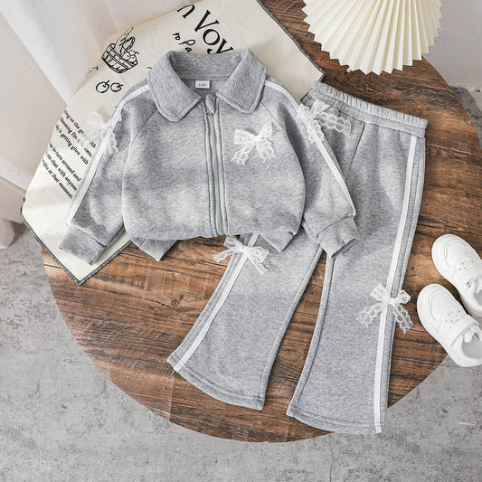 Autumn Girls' Gray Sports Lapel Zipper Cardigan + Flared Pants Lace Bow Children's Two-Piece Set