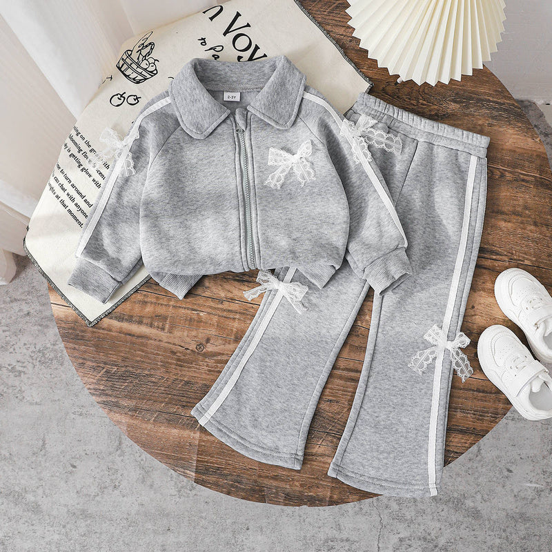 Autumn Girls' Gray Sports Lapel Zipper Cardigan + Flared Pants Lace Bow Children's Two-Piece Set