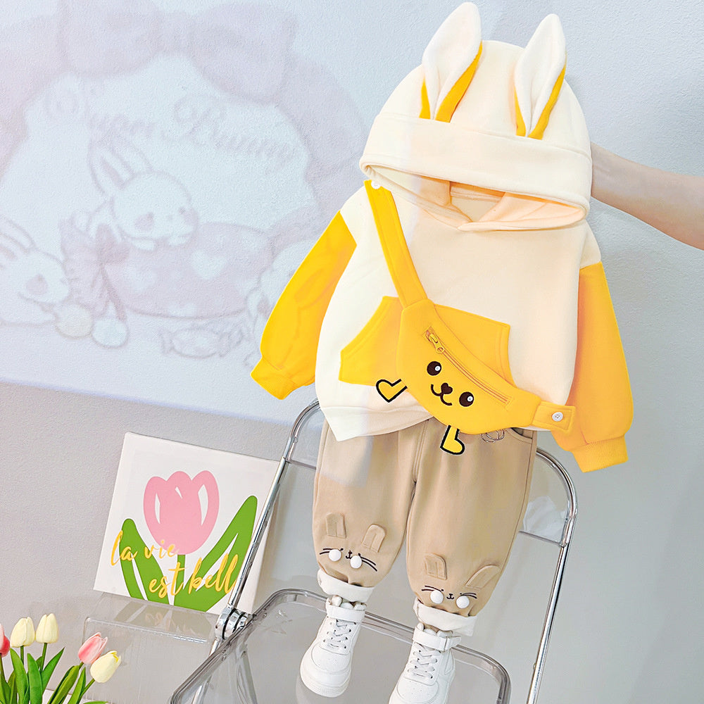 Children's clothing boys and girls, fleece-lined with hood late autumn, cartoon thickened sweatshirt two-piece set for kids