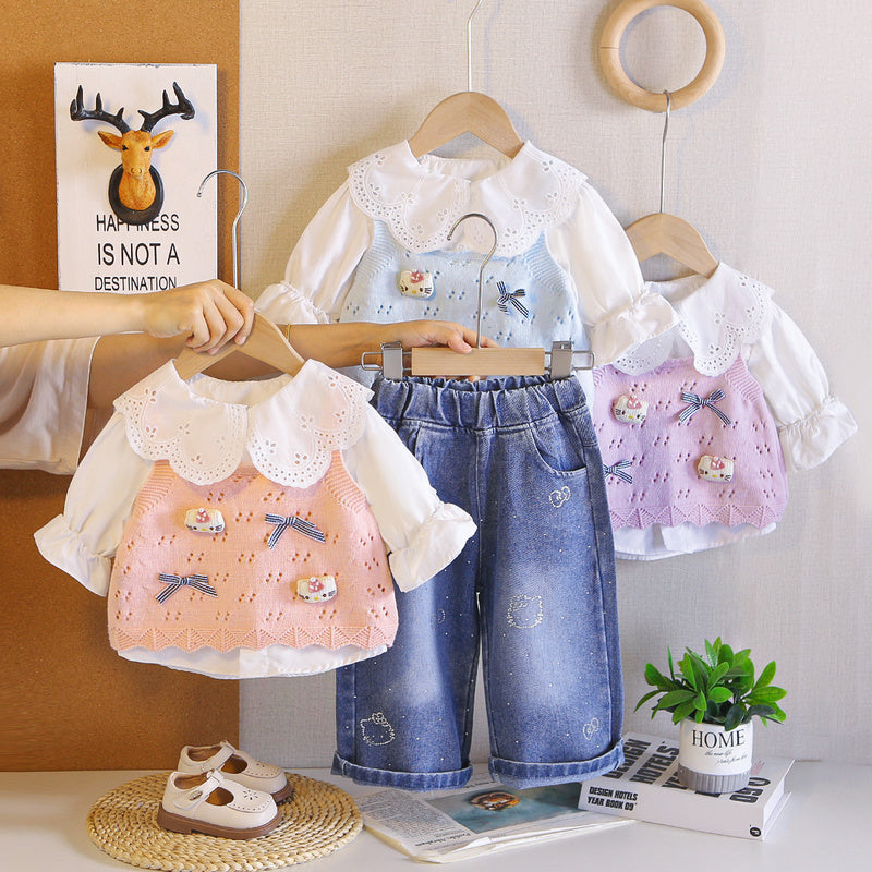 Girls' Outfit 2026 New Style Children's Spring and Fashionable Sweater Three-Piece Set Baby Autumn Cartoon Vest