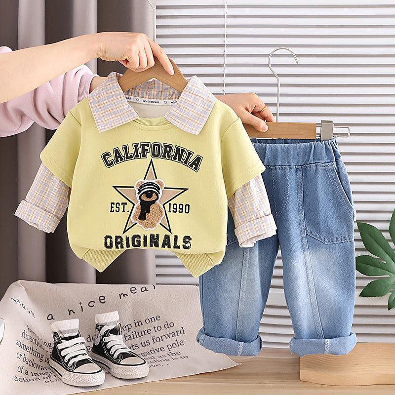 Baby clothes autumn, stylish casual, 2026 plaid bear long-sleeve sweatshirt two-piece set, trendy spring and autumn outfit for baby boys