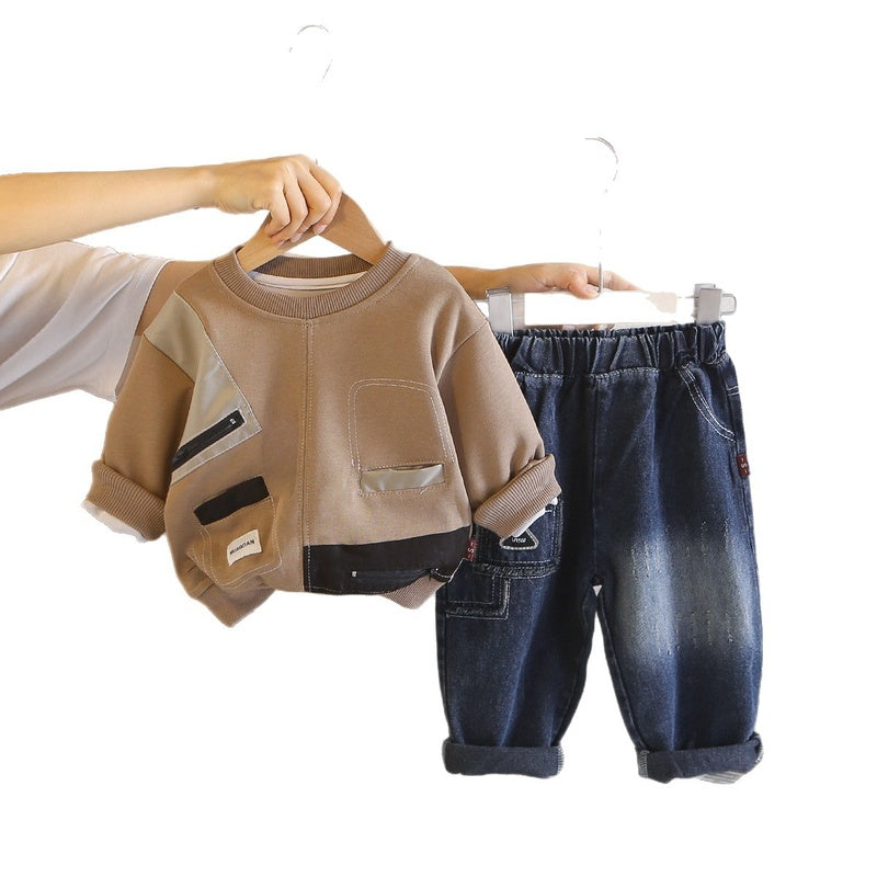 Boys' Round Neck Shirt 2026 New Fashionable Children's Spring and Autumn Fake Pocket Sweatshirt Two-Piece Set