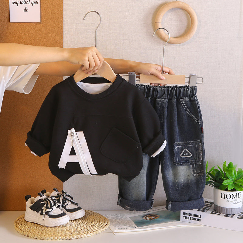 Boys' Spring and Autumn Casual Outfit 2026 Fashionable Baby Large Letter Zipper Sweatshirt New Two-Piece Set