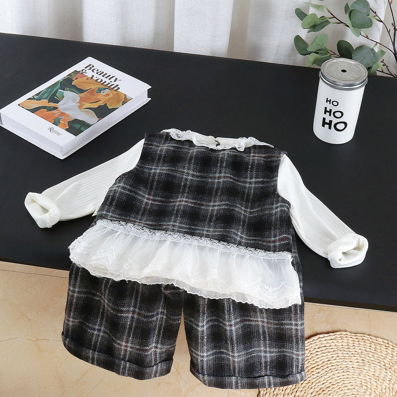 Outfit for Girls 2026 New Autumn Baby Clothes Stylish Large Plaid Vest Three-Piece Set Children's Clothing