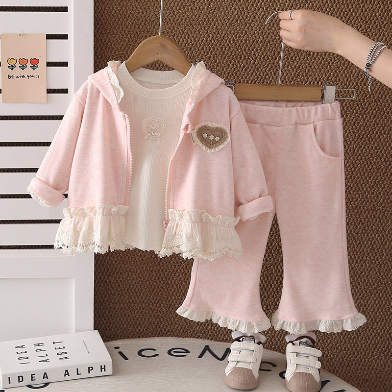 Girls' Outfit 2026 New Fashionable Baby Lace Collar Hooded Jacket Children's Clothing Spring and Autumn Three-Piece Set