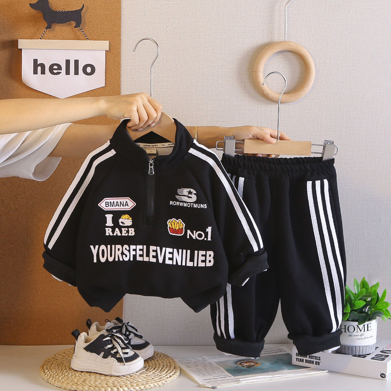 Boys' stylish autumn clothing, children's clothes spring and autumn, half-zip motorcycle two-piece set, handsome outfit for babies aged 1-4 years