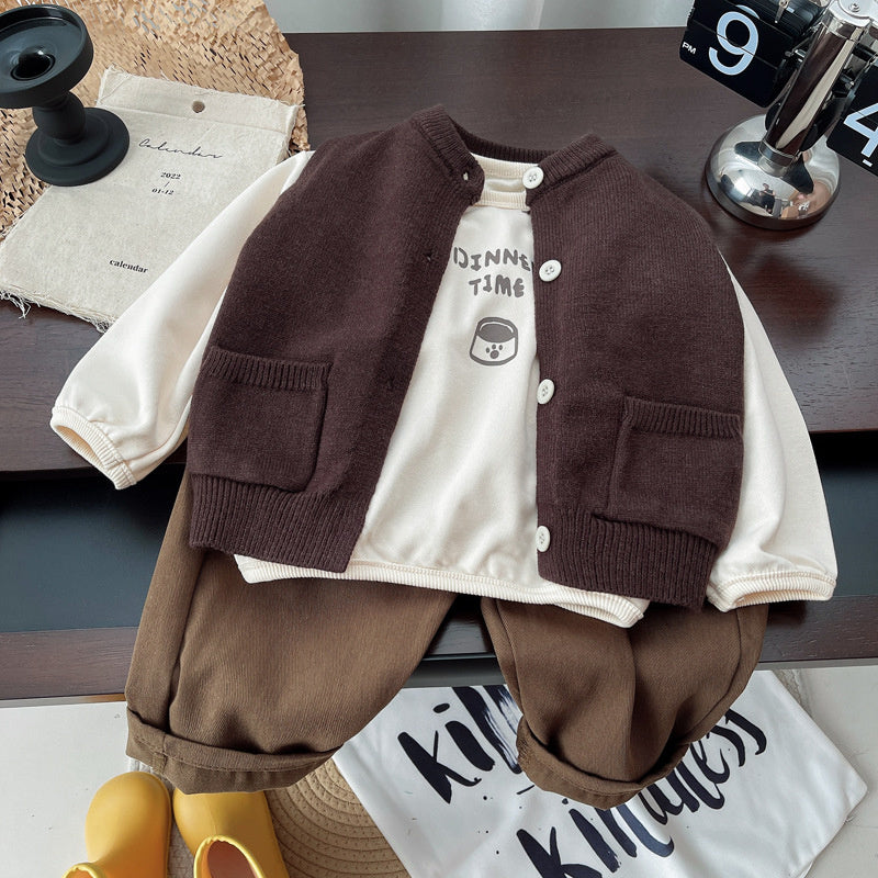 Spring Autumn Suit 2024 Children's Fashionable New Style Little Boys Cool and Handsome Clothes Baby Vest Cardigan Three-piece Set