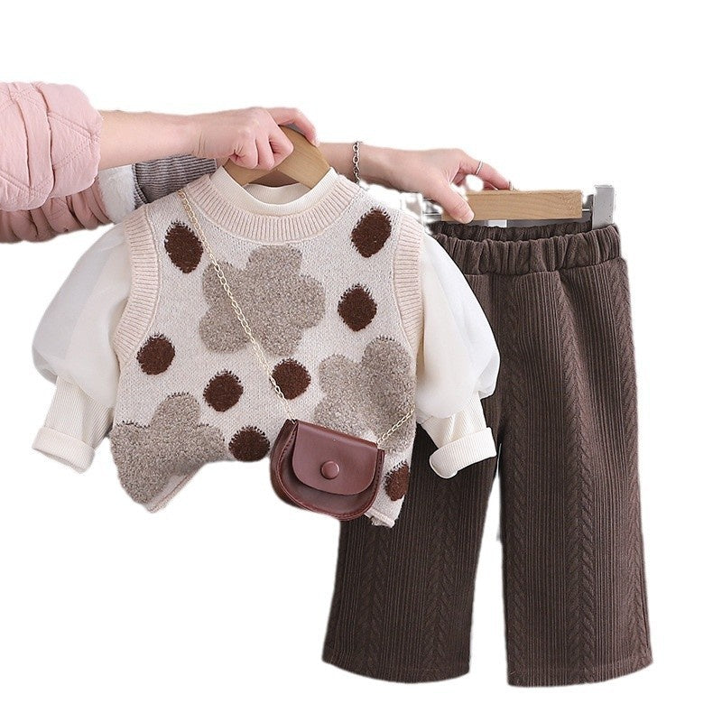 Clothes Stylish Sweet Bag Three-Piece Set One-Year-Old Baby Girl Fashionable Versatile Spring and Autumn Outfit