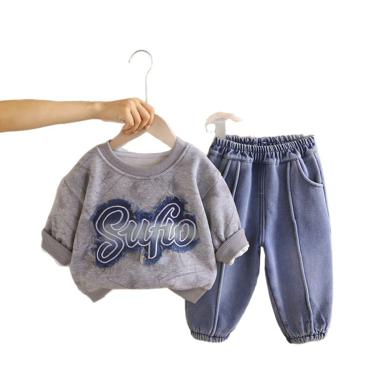 Autumn and Fleece-Lined Outfit New Fashionable Infant Boys' Winter Clothing Thick Embroidered Letter Two-Piece Set