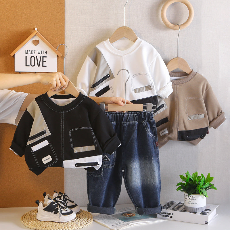 Boys' Round Neck Shirt 2026 New Fashionable Children's Spring and Autumn Fake Pocket Sweatshirt Two-Piece Set