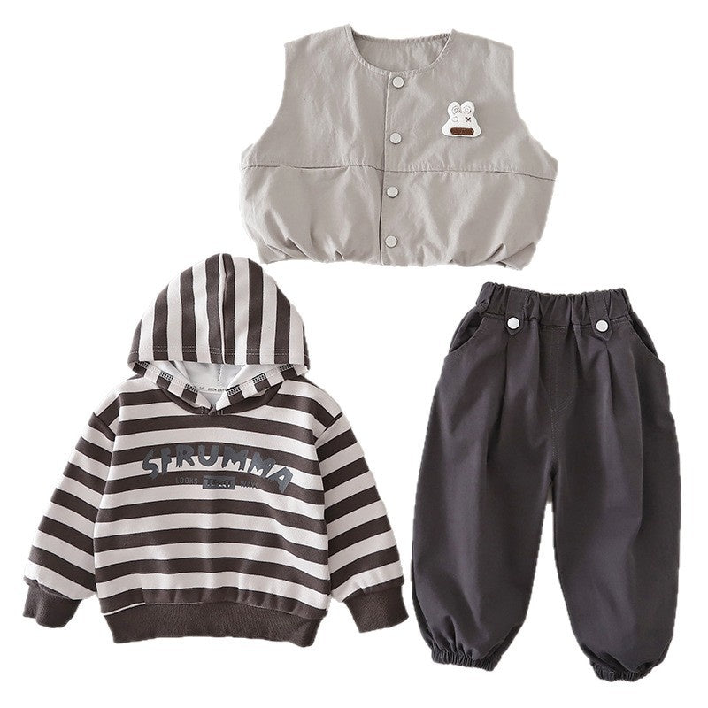 Boys' Set 2026 New Spring and Autumn Fashionable Baby Clothes Striped Vest Three-Piece Trendy Outfit
