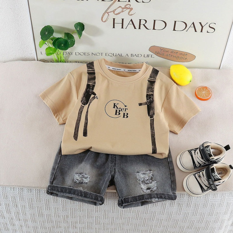 Children's Sports Outfit 2026 Summer New Style Boys and Girls Faux Backpack Short Sleeve Baby Casual Shorts Cute Two-Piece Set