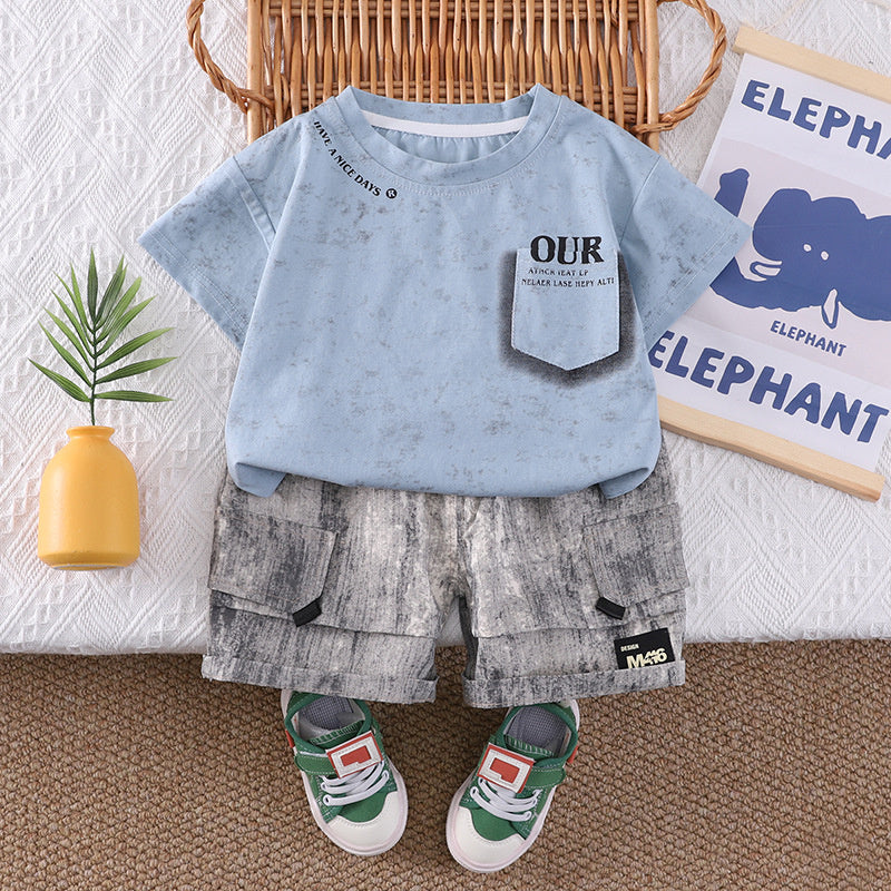 Boys' Pocket Short Sleeve Set 2026 New Style Toddler Casual Wear Baby Children's Summer Thin Infant Trendy Clothes