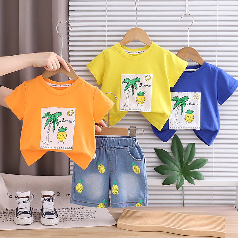 Boys' Outfit 2026 New Fashionable Toddler Baby Summer Pineapple Round Neck Short Sleeve Thin Cartoon Clothes