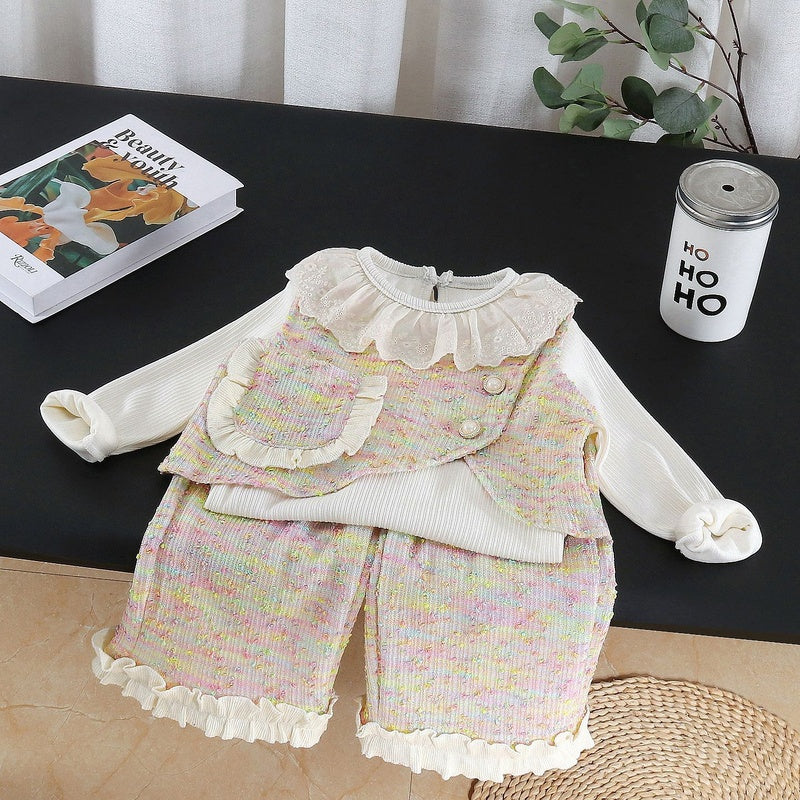 Girls' 2026 New Fashionable Children's Vest Autumn Outfit for Baby Girls with Colorful Dots, Lace, and Pockets Three-Piece Set