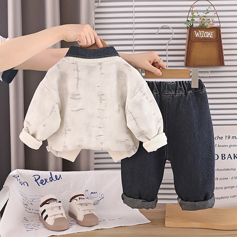 Baby boy's collared sweatshirt spring and autumn set, 0-1 year old infant clothing, 2-piece long-sleeve set for toddlers, stylish