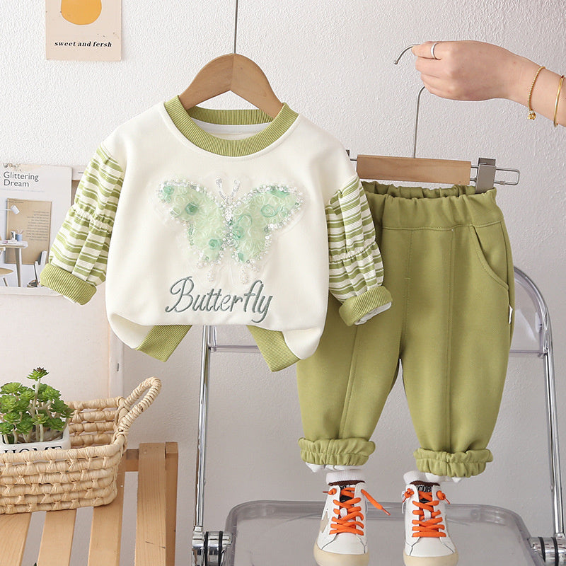 Girls Spring and Autumn Suit 2026 New Style Children's Clothes Baby Sequin Bow Sweatshirt Two-piece Set