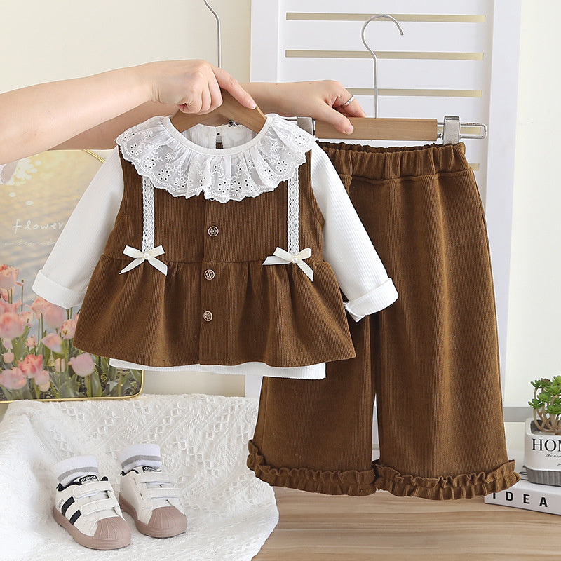 Girls' Outfit 2025 New Casual Spring and Autumn Stylish Clothes Baby Bowknot Vest Three-Piece Set