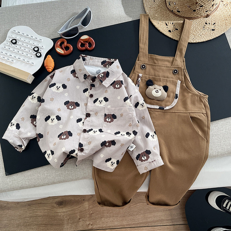 Boys' Outfit 2026 New Children's Spring Autumn Full-Print Puppy Shirt and Overalls Two-Piece Set for Trendy Babies