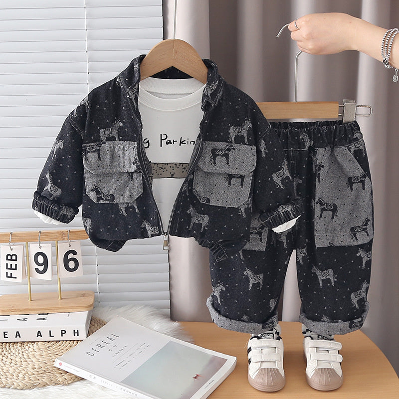 Boys' Outfit 2026 New Fashionable Children's Full-Print Pony Denim Three-Piece Set for Baby Spring and Autumn Casual Wear