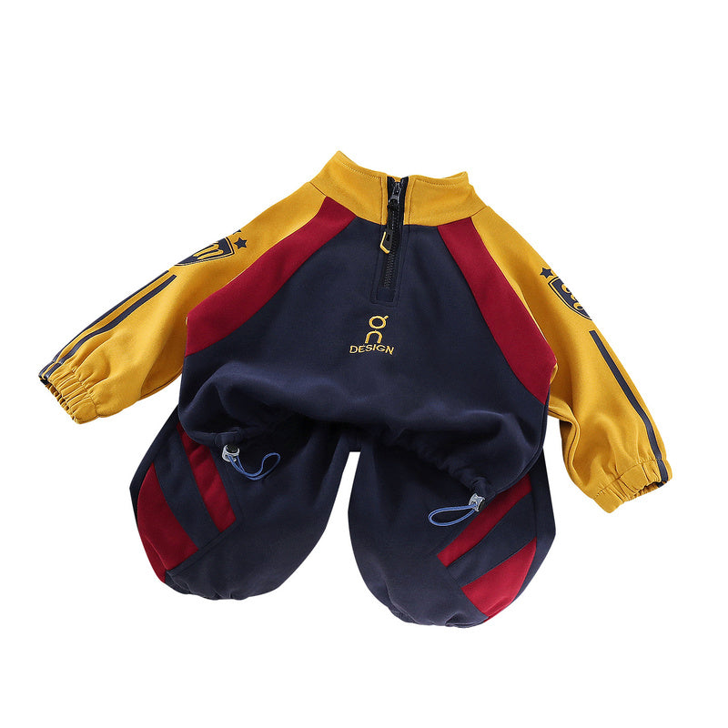 Boys' Spring and Autumn Outfit 2026 New Fashionable Infant Children's Clothing Baby Patchwork Half-Zip Two-Piece Set Trendy