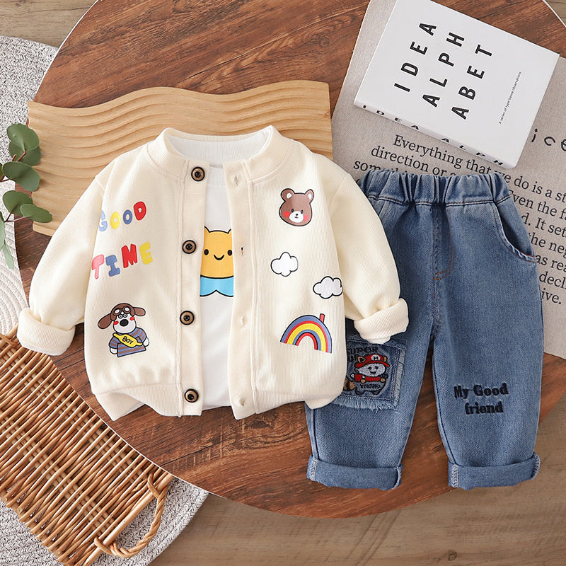 Boys' Outfit 2026 New Fashionable Bear Cardigan Three-Piece Set for Baby Boys Spring and Autumn Infant Children's Clothing