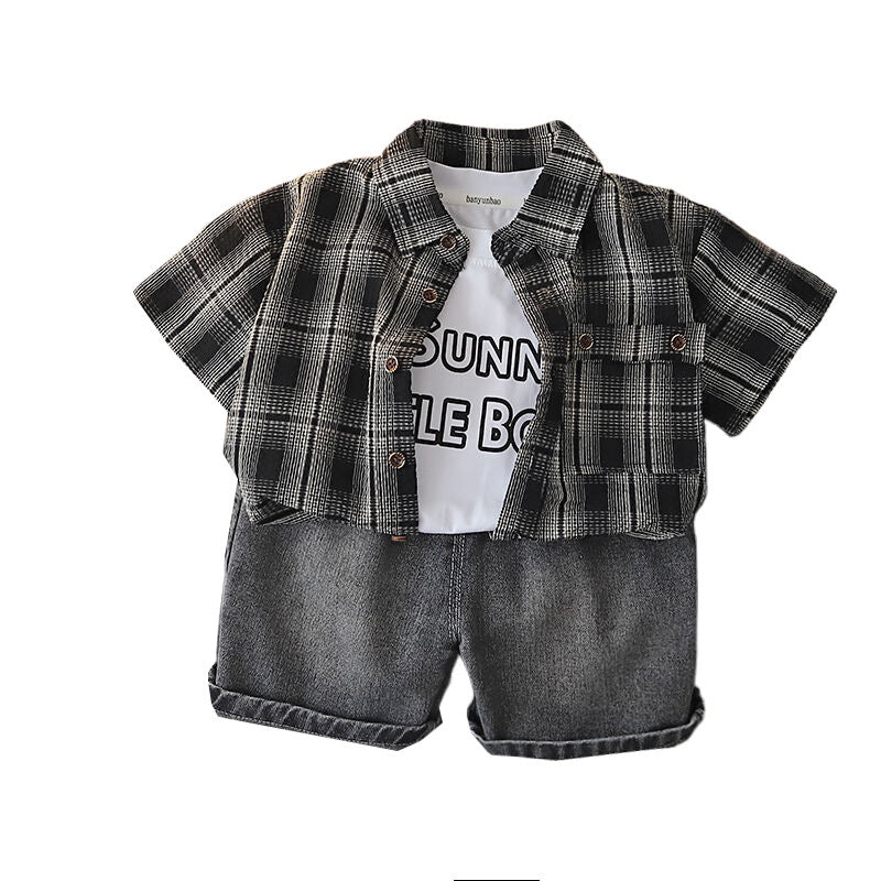 Children's clothing boys, suit 2026 new style, baby summer outfit, plaid short-sleeve shirt, stylish casual wear for boys