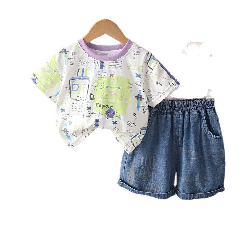 Boys' Outfit Short Sleeve 2026 New Fashionable Baby Children's Full-Print Cartoon Two-Piece Set Summer Toddler Clothing