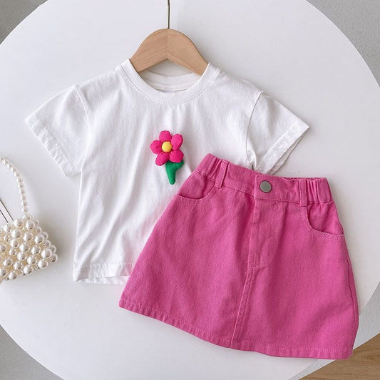 Summer girls' three-dimensional flower white T-shirt and rose red skirt set, stylish baby short-sleeve two-piece outfit for girls